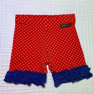 Matilda Jane EUC size 6 ruffle shorties red, light red polka dots, blue ruffles